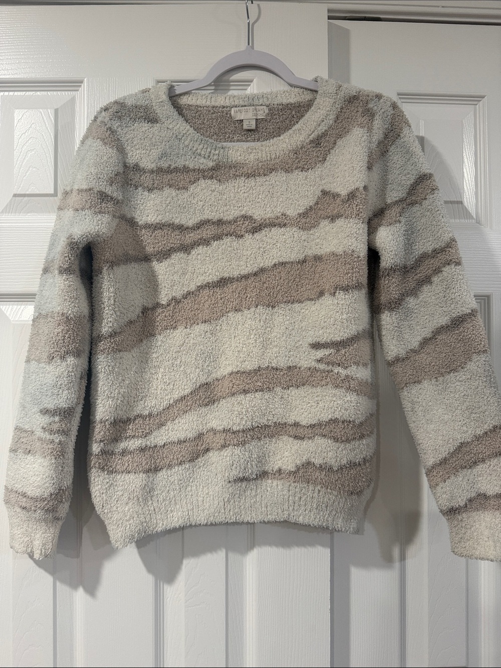 Barefoot Dreams Cream & Taupe Striped Fuzzy Crew Sweater